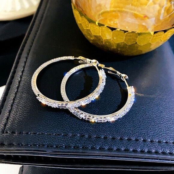 18kt White Gold PLATED CZ Diamond Hoop Earrings - Picture 4 of 9
